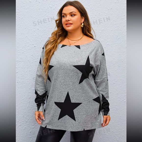 SHEIN plus size 16 star print drop shoulder long sleeve top (light gray) - Picture 1 of 5